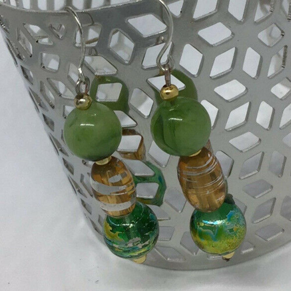 Artisan Earrings Silver Tone Glass and Stone Bead